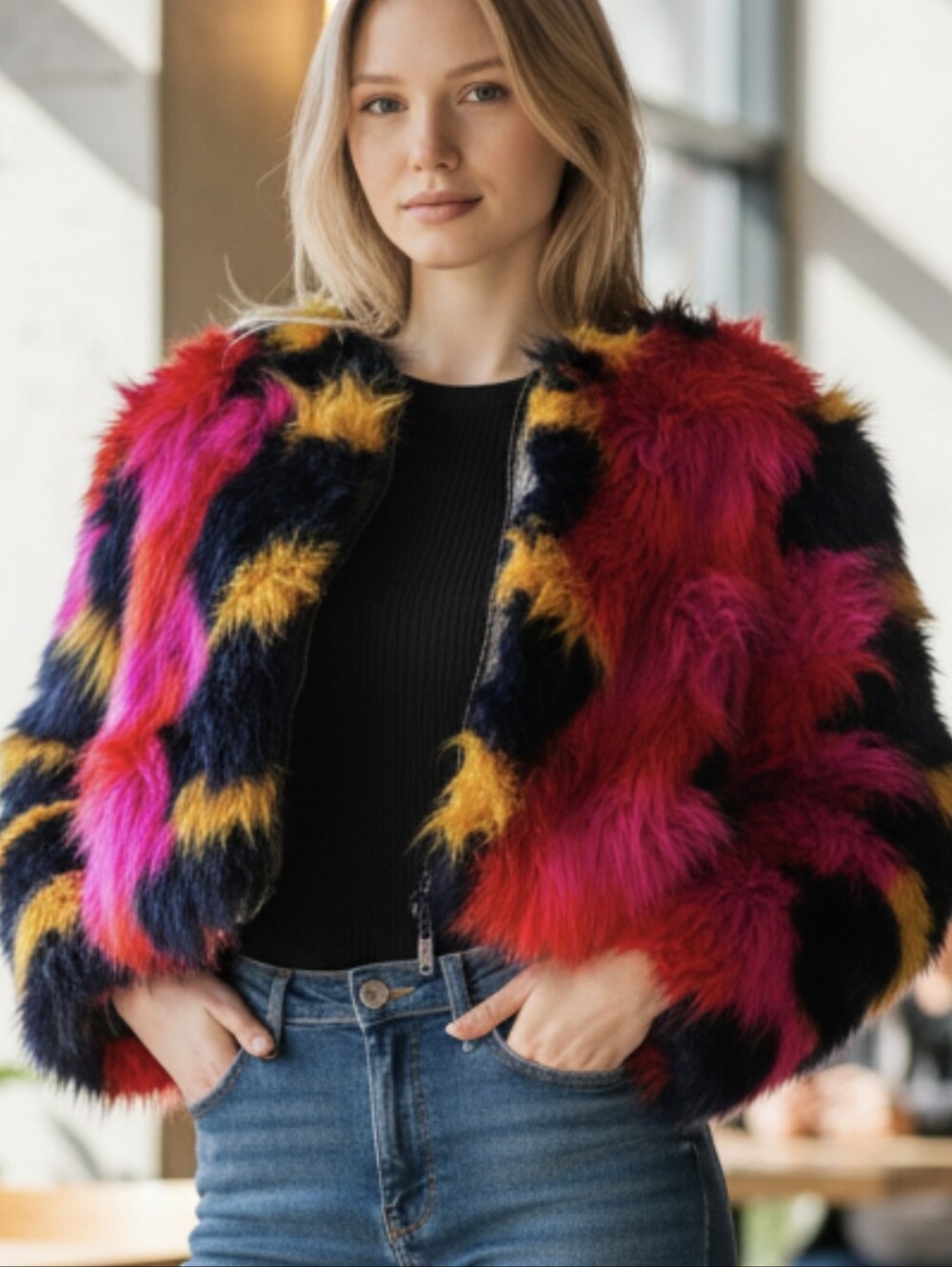 Pink and Yellow Teddy Jacket with Bold Color Blocking Size XS.